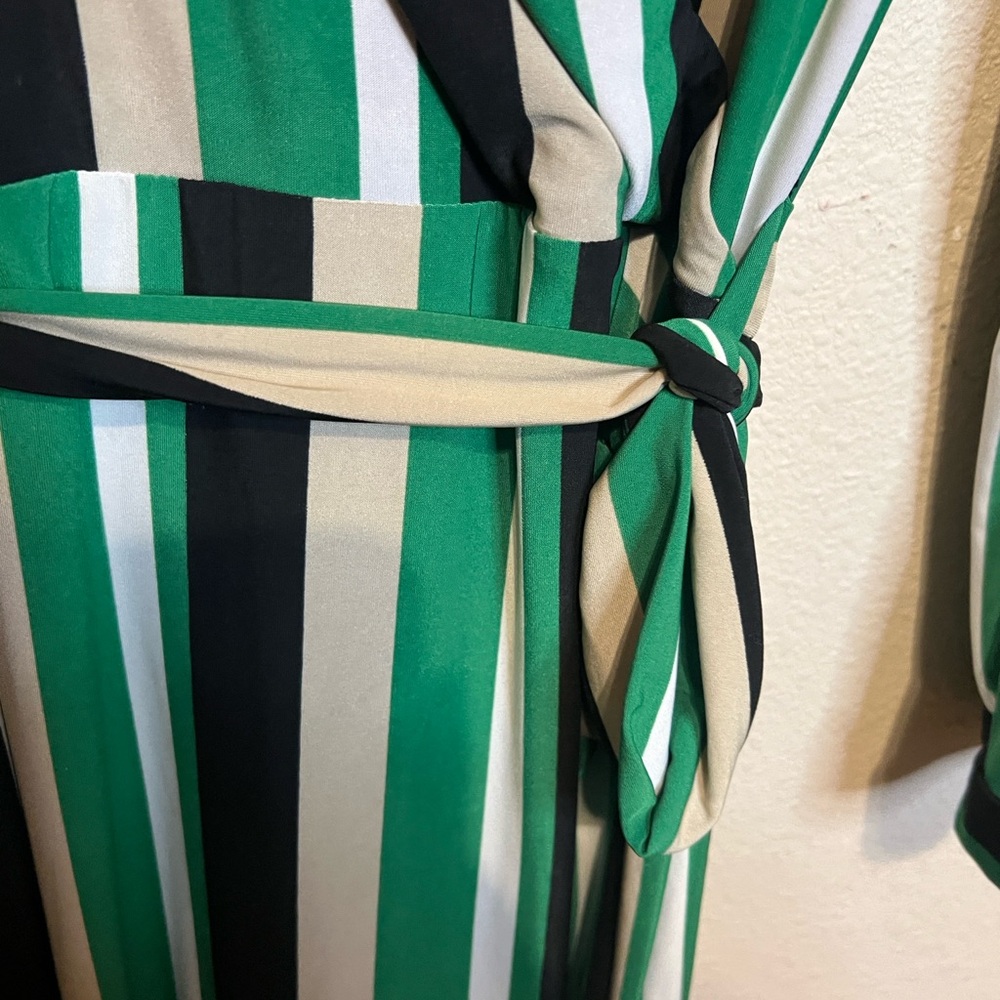 INC International Concepts Elegant Striped Black, Green, Taupe, White Wrap Dress - Picture 5 of 6
